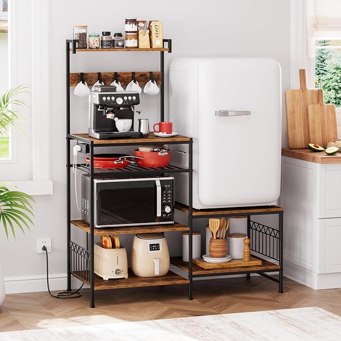 Portin Mini Fridge Stand Coffee Bar Cabinet with Power Outlet | 7 Tier Shelf with S-Hooks, Kitchen Bakers Rack, Fit microwave, toaster, kitchen utensils, and beverages, for Dorm,Office