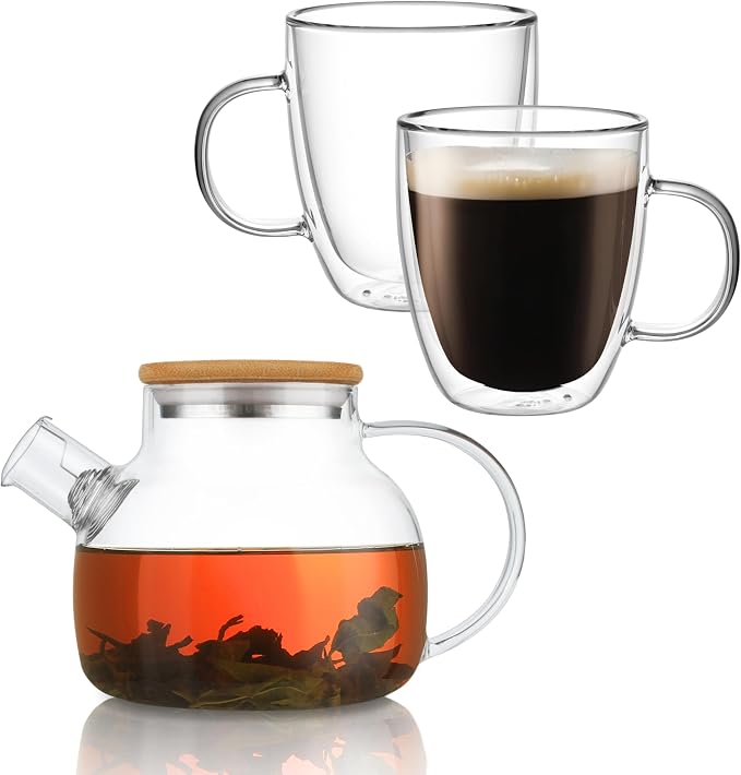 CNGLASS 30.4oz Glass Teapot with 17oz Double Wall Glass Coffee Mugs