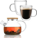 CNGLASS 30.4oz Glass Teapot with 17oz Double Wall Glass Coffee Mugs