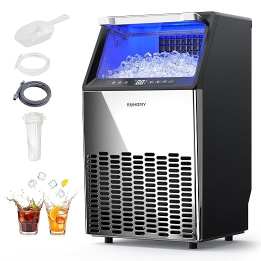 EUHOMY Commercial Ice Maker Machine,100lbs/24H Stainless Steel Under Counter Ice Machine with 33lbs Storage Bin, Freestanding Ice Maker for Home/Bar/Cafe/Restaurant(Mirror-Polished Stainless Steel)