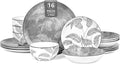 Porcelain Lightweight Dinnerware Sets for 4, 16 Pieces Grey Floral Ceramic Plates and Bowls Set, Branch Dishes Set with Pasta Bowls, Microwave and Dishwasher Safe