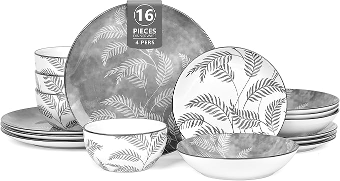 Porcelain Lightweight Dinnerware Sets for 4, 16 Pieces Grey Floral Ceramic Plates and Bowls Set, Branch Dishes Set with Pasta Bowls, Microwave and Dishwasher Safe