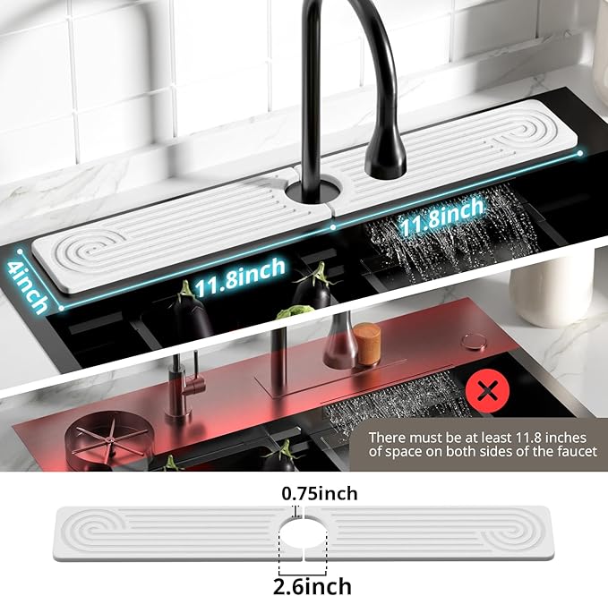Quick Dry Sink Splash Guard - 23.6" Water Absorbing Stone Drying Tray - Faucet Mat for Kitchen, Bathroom, and Laundry Room - White