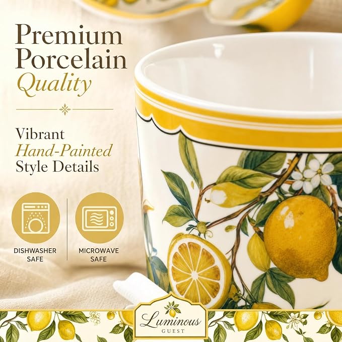 Summer Lemon Espresso Cups and Saucers Set of 2, 4 oz Ceramic Small Coffee Mug with Handle,Lemon Botanical Pattern for Tea, Latte, Cafe, Microwave & Dishwasher Safe, Decorative Holiday Gift Box