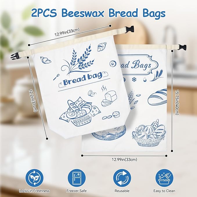 OTraki 2 Pack Beeswax Bread Bags for Sourdough Homemade Bread, Reusable Natural Cotton Beeswax Bag Portable Food Storage Cloth Bag to Keep Loaves Fresh Longer, 17×13 Inch & 14×8 Inch