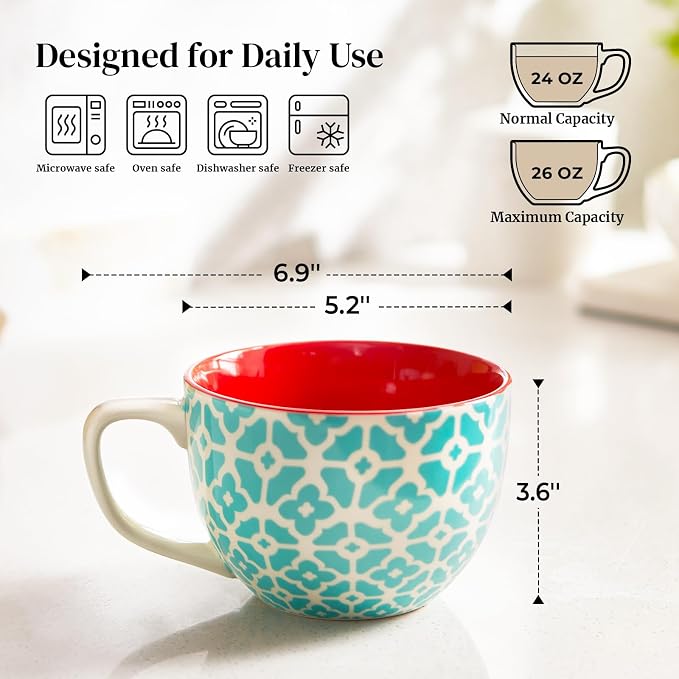 DOWAN Mosaian Soup Mugs, 24oz Large Coffee Mugs Set of 4, Soup Mugs With Handles, Ceramic Mugs for Soup/Coffee/Cereal/Latte, Thanksgiving and Housewarming Gifts for Family and Friends
