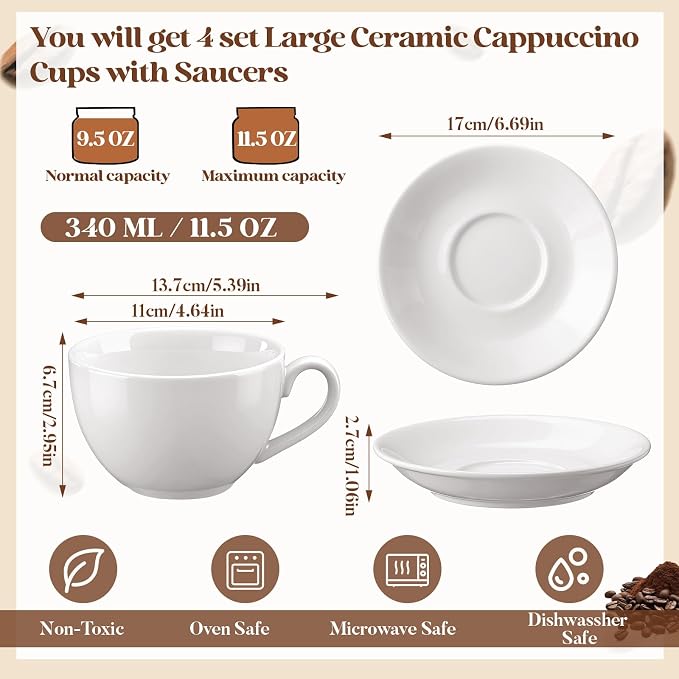 4 Set 11.5 oz Cappuccino Cups with Saucers Large Ceramic Coffee Mugs White Espresso Cup and Saucer Set Heavyweight Porcelain Housewarming Gift for Tea Espresso Latte Kitchen Cafe