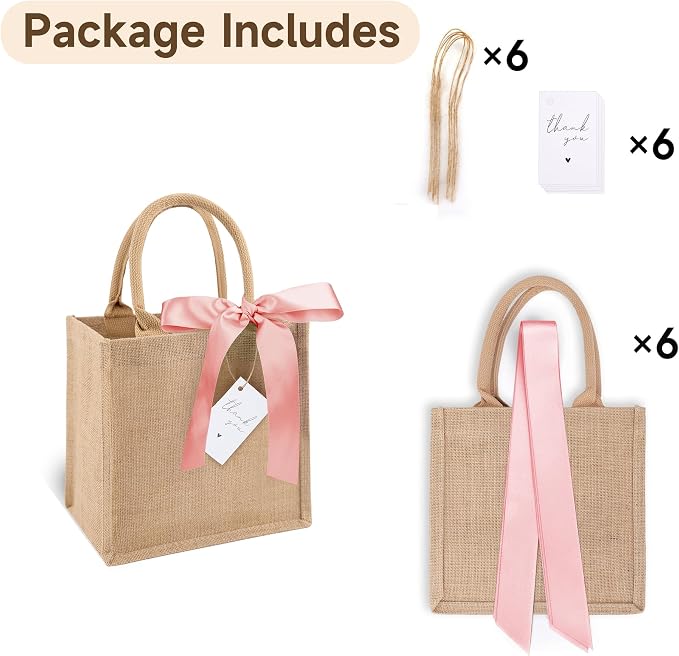 6 Pack Burlap Tote Bags with Handles Reusable Mini Jute Gift Bags with Pink Silk Ribbons Waterproof Lining for Wedding Bridesmaid Mother's Day Bachelorette Beach Party