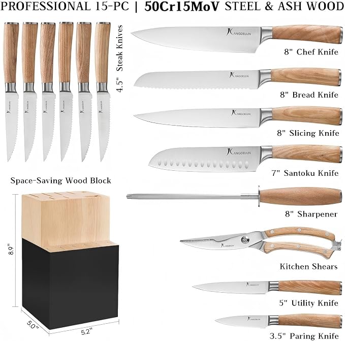 Kangdelun Ultra Sharp 15-Piece Kitchen Knife Set, High Carbon Stainless Steel Blades, Torrefied Natural Wood Handles, Ergonomic Design, Space-Saving Black-Finished Wood Block, Easy Hand Wash, Gift Box