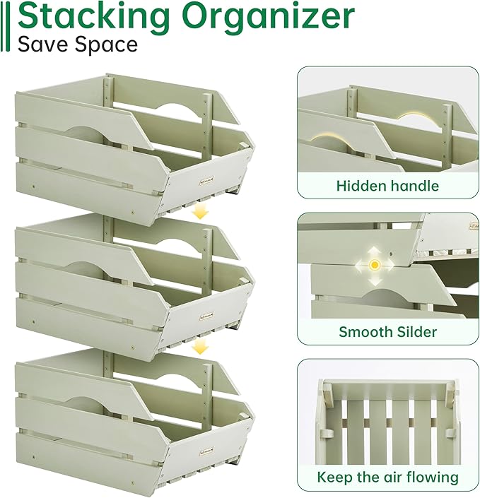 HABAU Wood Potato Onion Storage Bins - Wooden Stackable Produce Basket - Fruit Vegetable Storage for Kitchen Pantry Organization, Set 3 Pieces