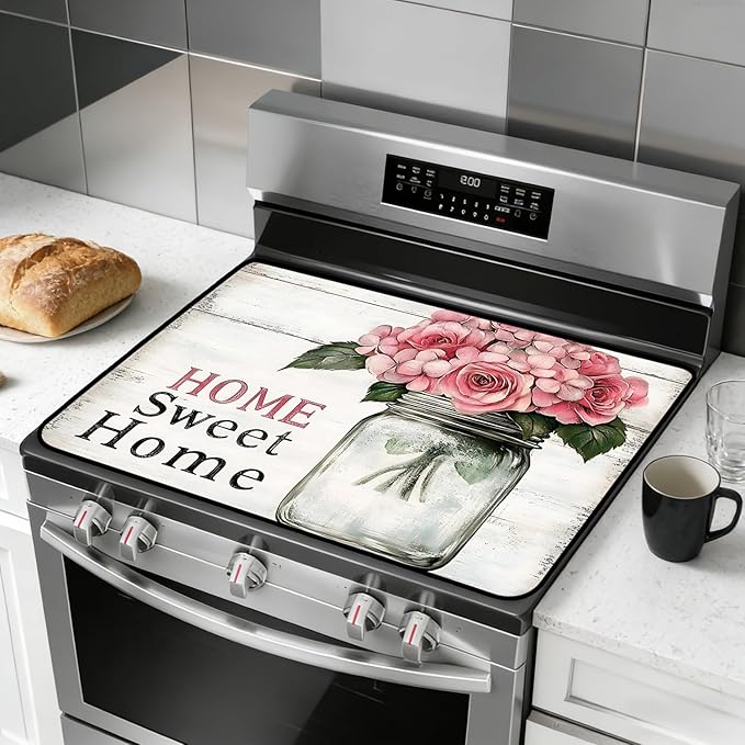 Stove Top Cover for Electric Stove, Vintage Farmhouse Style Glass Cooktop Protector, Multi-functional Kitchen Counter & Washer Top Cover