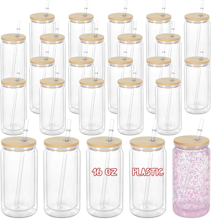 16 Oz Acrylic Snowglobe Tumbler, 25 Pack Pre-Drilled Double Wall Plastic Clear Cup for Glitter Snow Globe Diy, Double Wall Plastic Snowglobe Cup with Bamboo Lid
