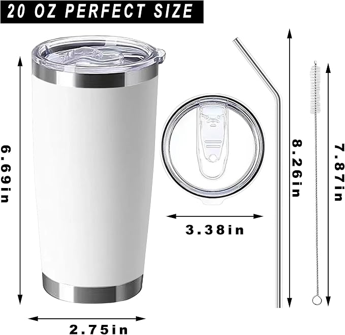 20oz insulted tumblers stainless steel cup Tumbler Bulk with push Lid, and metal straw powder coated coffee cup for cold and hot drinking (12, white)