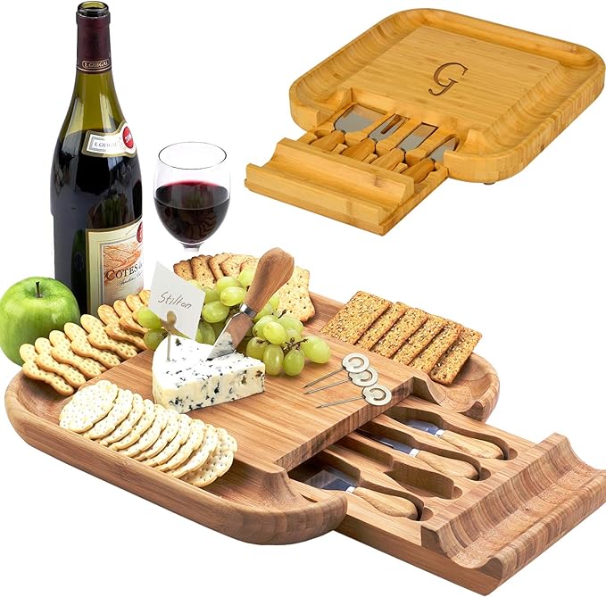 Picnic at Ascot Personalized Monogrammed Engraved Bamboo Cutting Board for Cheese & Charcuterie with Knife Set & Cheese Markers- Designed & Quality Checked in USA