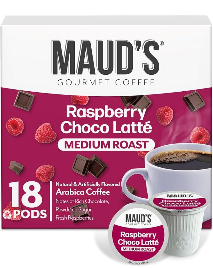 Maud's Raspberry Chocolate Flavored Coffee Pods, 18 ct, Medium Roast Flavored Coffee in Single Serve Pods – 100% Arabica Beans, Compatible with Keurig K Cups Maker