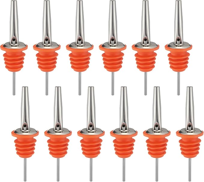 12 Units Tapered Pour Spouts for Liquor Bottles Pourer Dispenser, Chrome Metal Spout with Oversized Poly-cork for Wide Neck Bottles, Medium Speed Controlled Pour, Orange