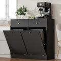 Housoul Double Tilt Out Trash Can Cabinet, Trash Storage Cabinet with 2 Drawers, Hidden Garbage Bin, Free Standing Laundry Sorter Organizer for Kitchen Dining Living Room, Bathroom, Black