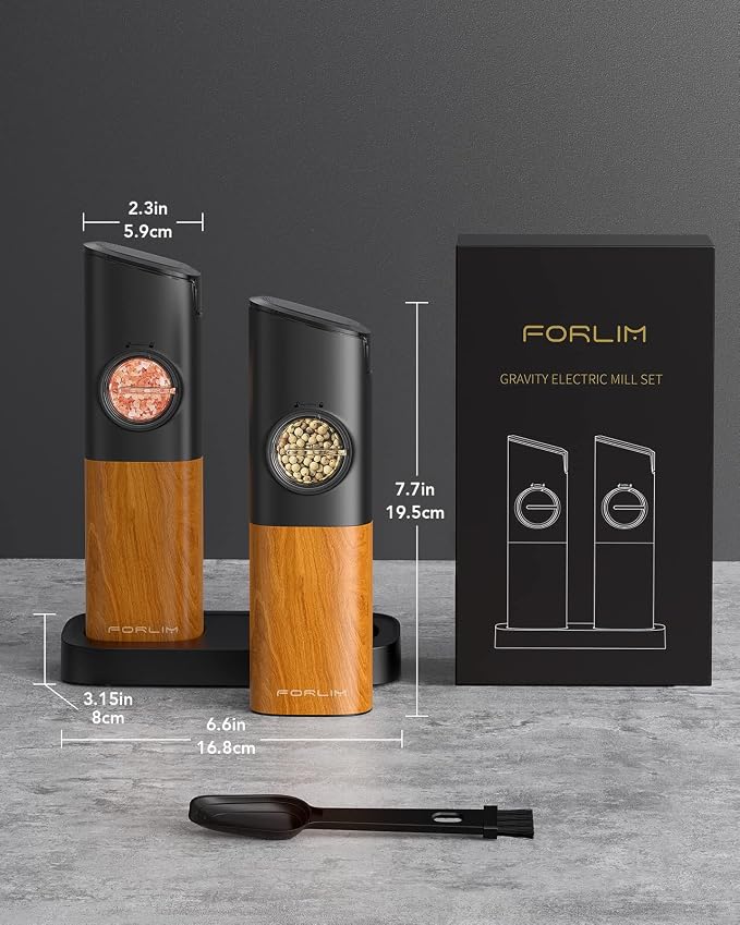 FORLIM Gravity Electric Salt and Pepper Grinder Set, Upgraded Large Capacity, USB Rechargeable Pepper grinder Automatic One Hand Operated, Adjustable Coarseness with LED Light（Natural Wood Grain）