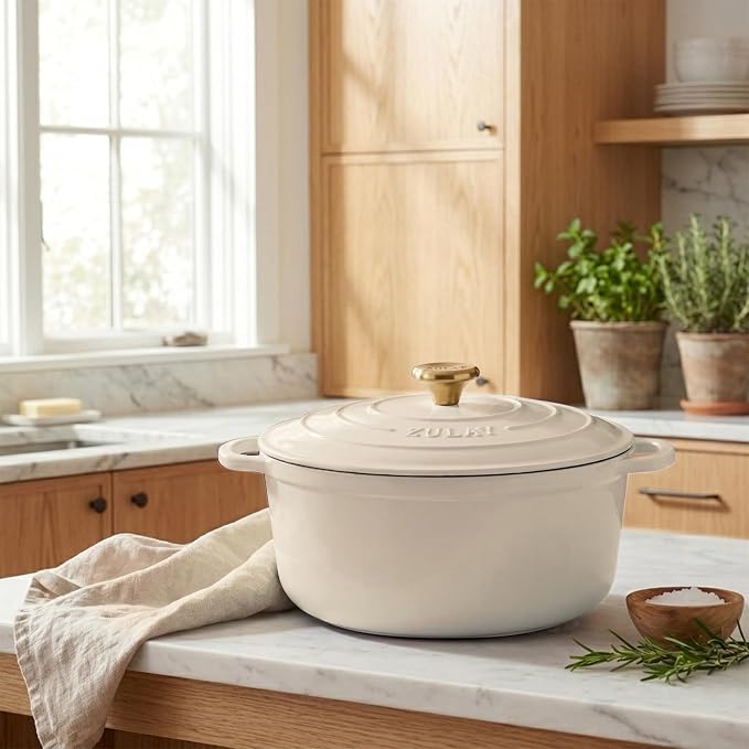 Zulay Kitchen 7.7 Quart Enameled Cast Iron Dutch Oven Pot with Lid – Premium Durability & Oven Safe up to 500°F – Heavy Duty Cookware Perfect for Bread Baking, Stews, Braising & Roasting – Ivory