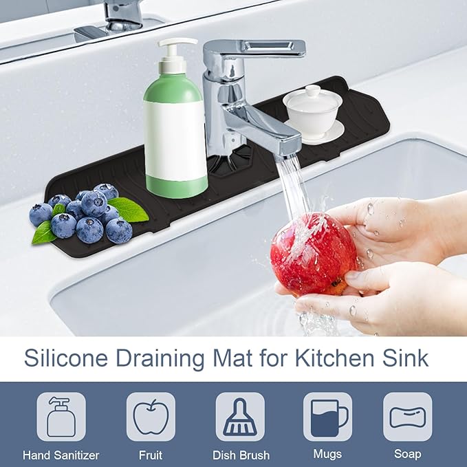 Faucet Guard - 90 Foldable Drain Mat for Kitchen & Bathroom with 2 Drain Ports (Black, 17.7"*5.66")