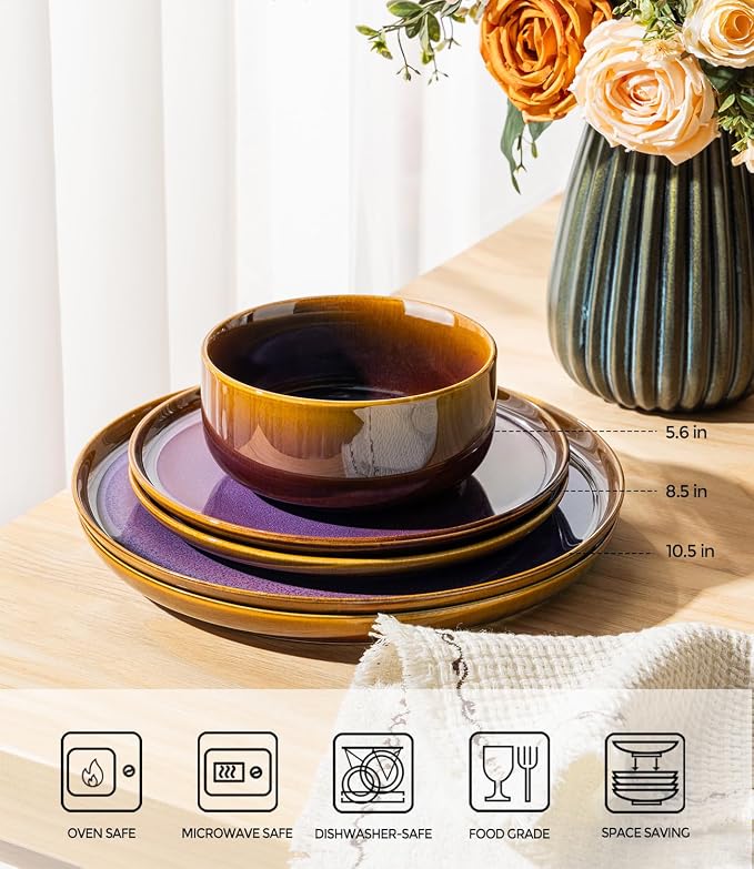 TheTerra Ceramic Dinnerware Sets for 6, 18 Pieces Handmade Reactive Glaze Plates and Bowls Set, Scratch Resistant Dish Set, Oven & Microwave & Dishwasher Safe, Amber Amethyst