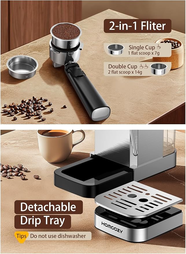 20 Bar Espresso Coffee Machine with Rapid Cold Brew Tech, Milk Frother, Touch Screen Control, Compact Water Tank, Ideal for Lattes, Cappuccinos, Americano, Home & Office(Sliver)