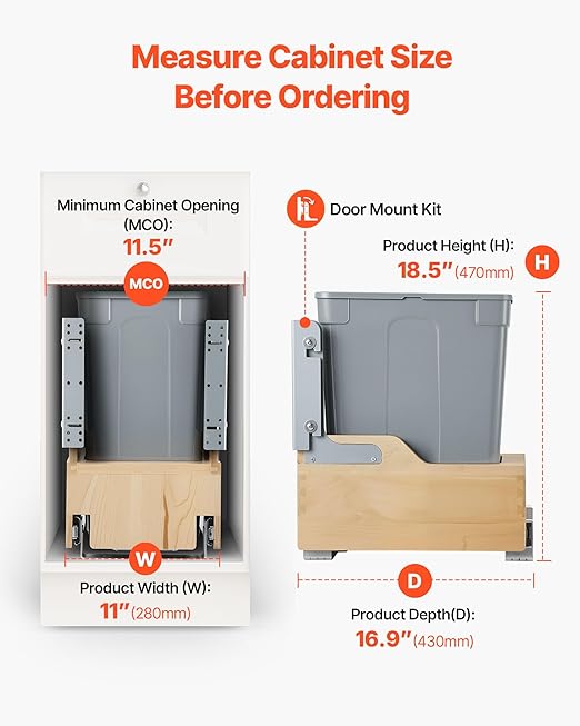 VEVOR Wood Pullout Trash Can for Kitchen Cabinets, 35 QT Garbage Waste Recycling Bin, Under Mount Waste Container, with Heavy Duty Metal Soft Close Sliding System, Door Kit, for Sink, Under Counter