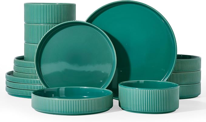 Famiware Star 16-Piece Stoneware Dinnerware Set for 4 – Shallow Pasta Bowls & Flat Plates – Everyday & Formal, Modern Rustic Dishes – Chip & Scratch Resistant, Microwave & Dishwasher Safe, Sage Green