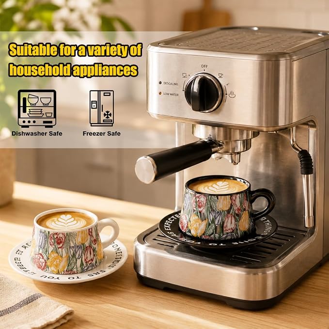 Tea Cup and Saucer Set Floral Design Porcelain Ceramic Coffee Cup Sets with Box Dishwasher Safe Set 9.8 oz Christmas Thanksgiving Gifts