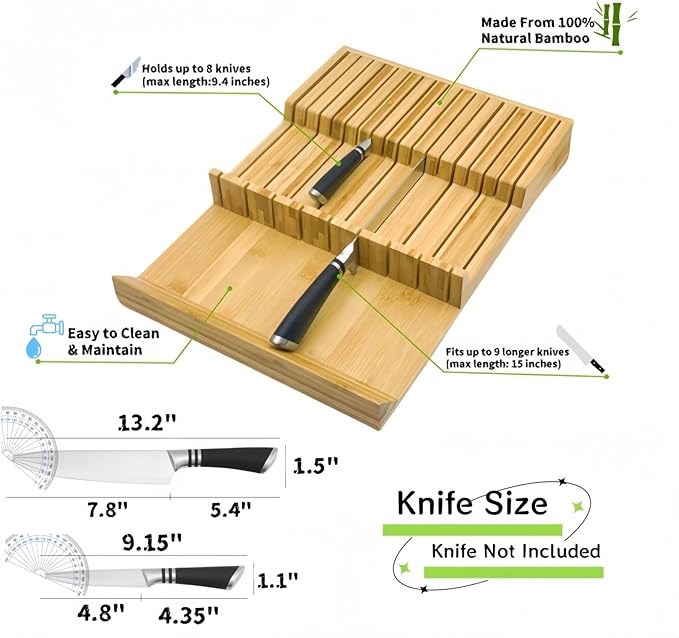 Bamboo Knife Drawer Storage Organizer Insert | 17-Slot Kitchen Knife Block with Anti-Slip Design| Space-Saving Kitchen Storage (16.6"x11.6"x2.1")
