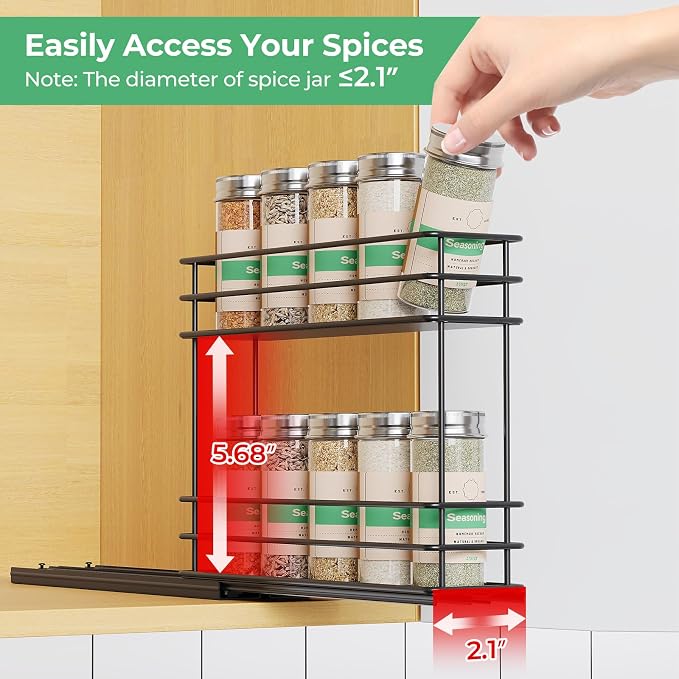 Mystozer Pull Out Spice Rack Organizer for Cabinet, Slide Out Spice Racks, Easy to Install Spice Cabinet Organizer, 2.5" Wx10.43 Dx8.26 H, 1 Drawer 2 Tiers（Black）