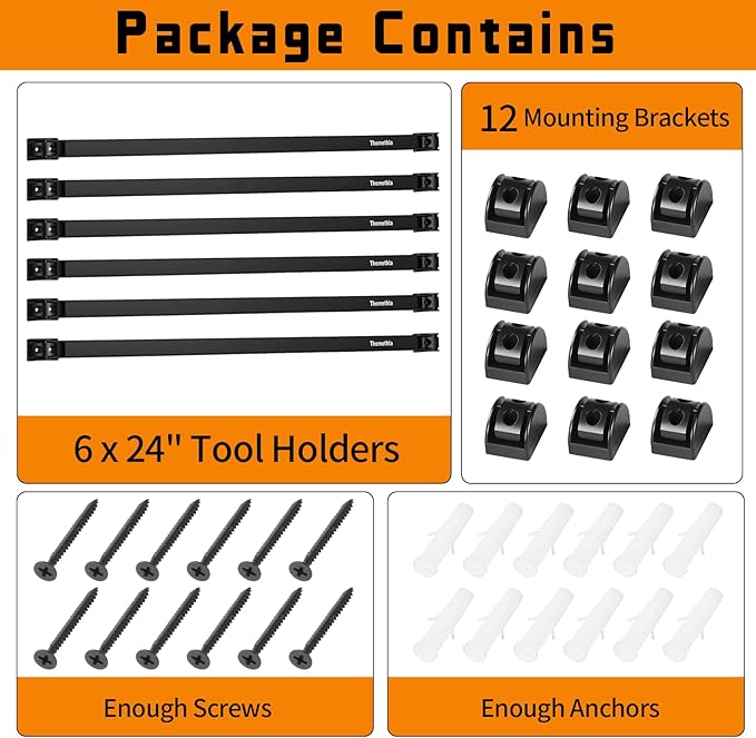 24" Magnetic Tool Holder Strip, 6 Pieces Black Metal Tool Organizer Rack with Stainless Steel Surface, Magnet Bar for Garage Workshop, Easy To Install with Mounting Screws