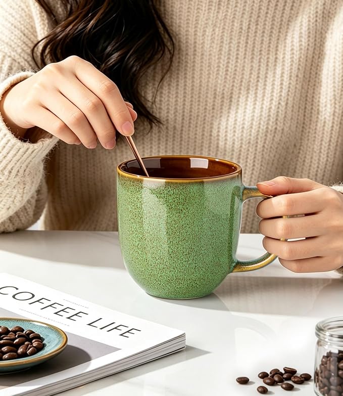 LERATIO Ceramic Coffee Mugs Set of 6,12oz Handmade Coffee Mugs Set with Large Handle for Cappuccino/Latte/Tea/Hot Cocoa, Dishwasher & Microwave Safe-Sage Meadow Green
