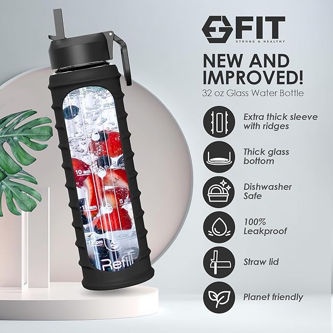 FIT Strong & Healthy 4-Pack 2 & 3 Compartment Glass Meal Prep Containers & 32oz Glass Water Bottle with Straw Lid, Time Marker, Sleeve & Extra Lid (Black)