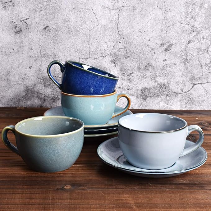 Bosmarlin Ceramic Coffee Cup Mug with Saucer Set of 2 for Latte, Cappuccino, Tea, 8.5 Oz, Dishwasher and Microwave Safe(Grey&Blue, 2)