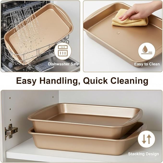 9x13 Nonstick Baking Pan 2 Pack – Heavy-Gauge Carbon Steel Cake Pan，Warp-Resistant & PFOA Free, Even Heating for Lasagna, Sheet Cake, Brownies & Meal Prep, Wide Handles Golden