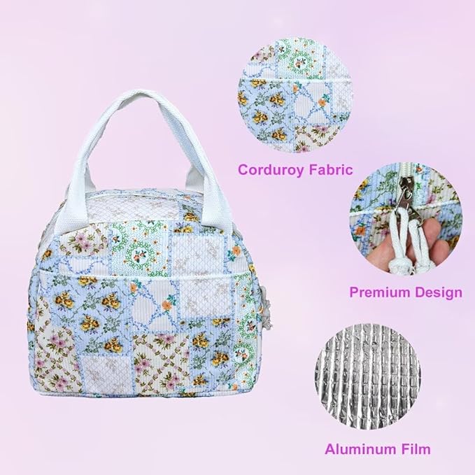 Lunch Box for Women, Reusable Insulated Lunch Box Floral Tote Bags Corduroy Totes for Women Office Work Travel Picnic
