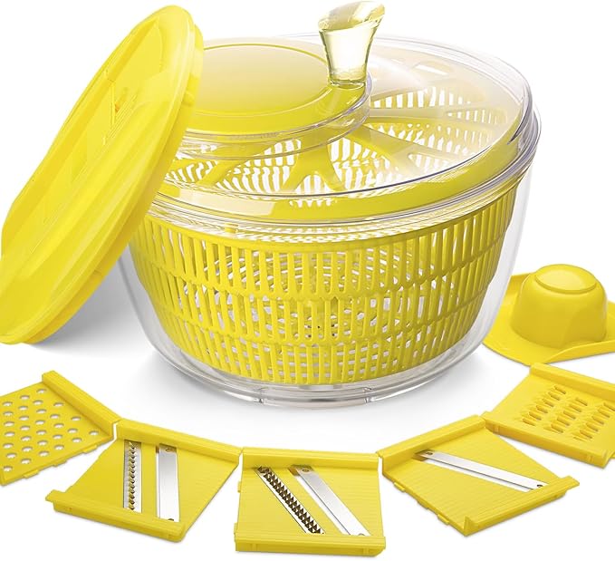 2-in-1 Salad Spinner & Mandoline Slicer Lettuce Spinner Vegetable Washer Dryer with 5 Interchangeable Blades, 5L Large Capacity, Easy to Clean, Food-Grade Kitchen Tool for Vegetables & Fruits