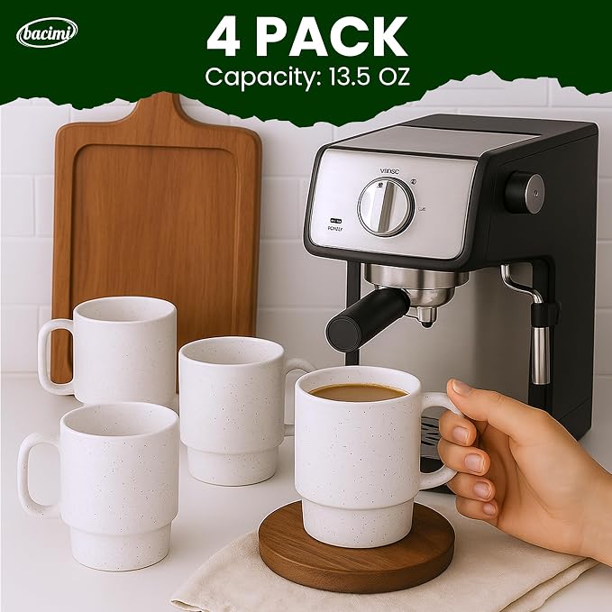 Bacimi® - Stackable Coffee Mugs Set of 4 with Metal Rack - Stoneware Mugs 13.5oz Coffee Mug Stand - Ceramic Coffee Cups for Latte, Cappuccino & Hot Beverages - Eggshell White