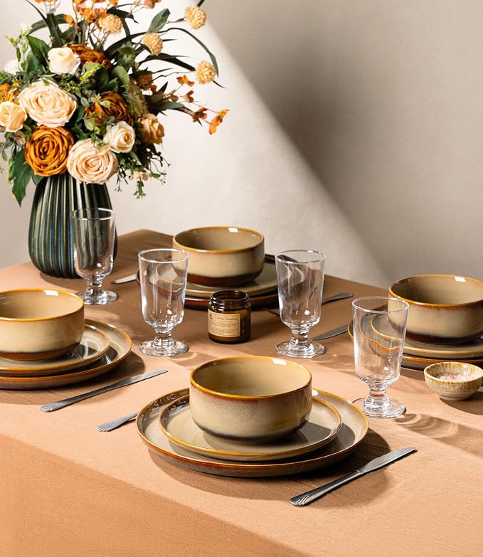 TheTerra Ceramic Dinnerware Sets for 4, 12 Pieces Handmade Reactive Glaze Plates and Bowls Set, Scratch Resistant Dish Set, Oven & Microwave & Dishwasher Safe, Creamy Amber
