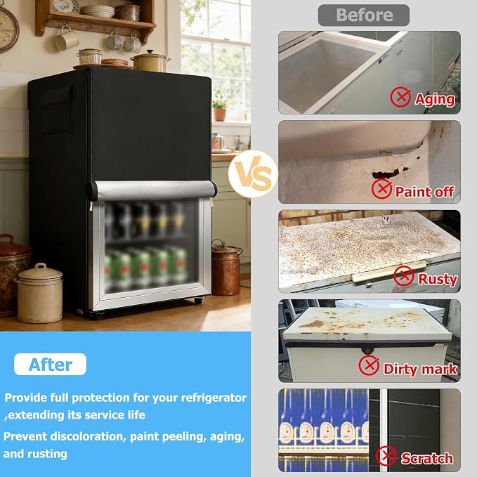 Outdoor Refrigerator Cover,600D Heavy Duty 100% Waterproof Upright Freezer Cover,Outside Stand Up Fridge Covers.Front Can Be Rolled-Up by Zippers.(Black,20" W x 20" D x 33" H)