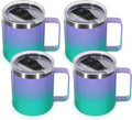 Volhoply 14oz Insulated Stainless Steel Coffee Mug with Lid Bulk 4 Pack,Double Wall Vacuum Travel Coffee Cup with Handle,Reusable Cups Tumbler,Camping Mugs Keep Hot,Ideal Gifts(Purple Green,4)