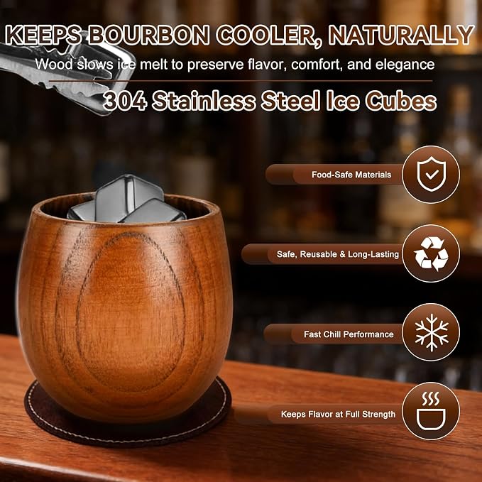 Charred Wooden Bourbon Drinking Glass Wooden Whiskey Glasses Set of 2 17-Piece Complete Whiskey Gift Set Old Fashioned Glass Bourbon Gifts for Men Dad, Husband, Brother (Silver Accents)