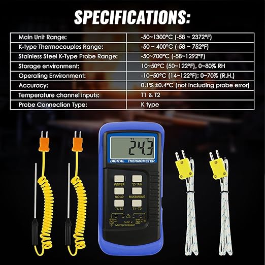 DANOPLUS Digital K Type Thermometer with 4 Thermocouples, Dual Channels Thermocouple Tester with MAX/MIN/AVG Temperature Measurement (-501300C)