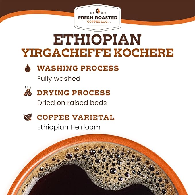 Fresh Roasted Coffee, Ethiopian Yirgacheffe Kochere Whole Bean Coffee, Medium Roast, Kosher, 2 lb (32 oz)