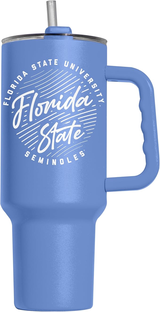 Logo Brands NCAA Florida State Seminoles Retro Script Arctic 40 oz Tumbler with Handle - Stylish Everyday Use Powder Coated-Stainless Steel with Straw- Keeps Cold For Hours