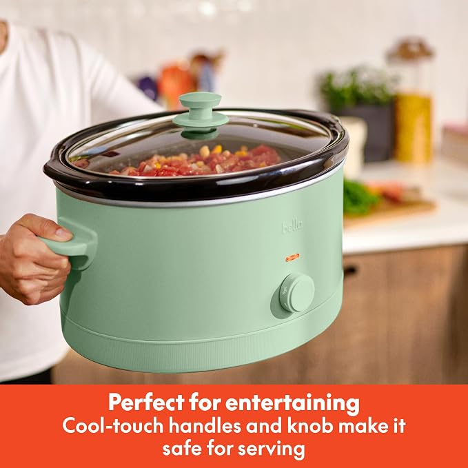 bella 6.0 Qt Manual Slow Cooker, Ceramic Nonstick Coating, 3 Temperature Settings, Dishwasher Safe Stoneware Pot and Tempered Glass Lid, Cool Touch Handles & Tangle Free Cord Wrap, Seaglass