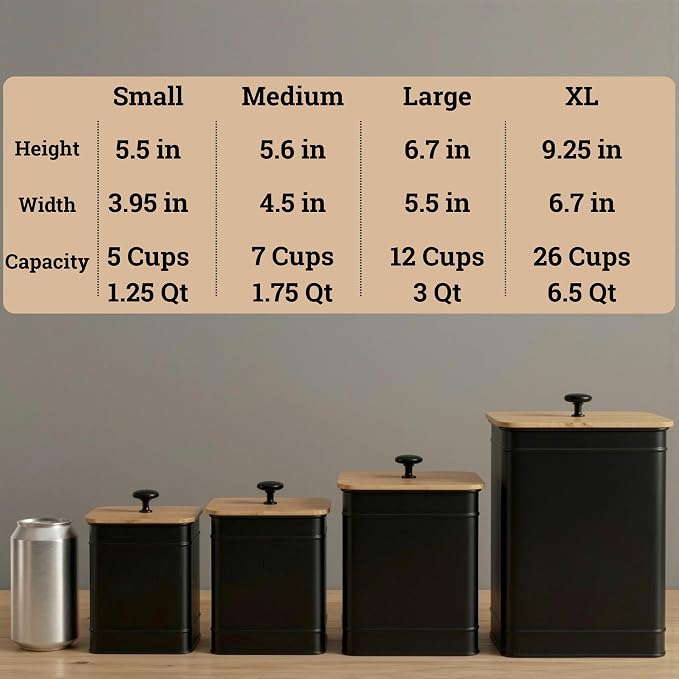 Kitchen Canisters for Countertop Set of 4 w/ Chalkboard Labels & Marker Pen | Airtight Easy Open Bamboo Lids, Dent-Resistant Thick Metal, Customizable Chalkboard Labels, Marker Pen Included, Set of 4