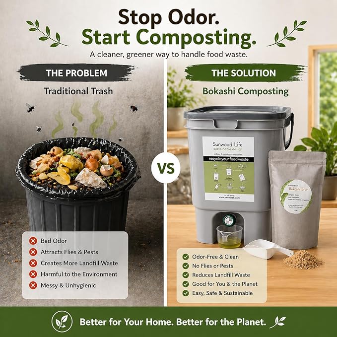 Bokashi Composting Kit, 5-Gallon Indoor Kitchen Composter - Gray, with 2.2 lb Premium Bokashi Bran, Odor-Reducing Food Waste Recycling System, US Patented