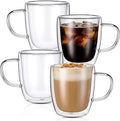 Patelai Glass Coffee Mugs Set of 4, 16 oz Clear Double Walled Coffee Cups Glasses Insulated Latte Mugs with Handle Espresso Clear Cups for Hot and Cold Beverages